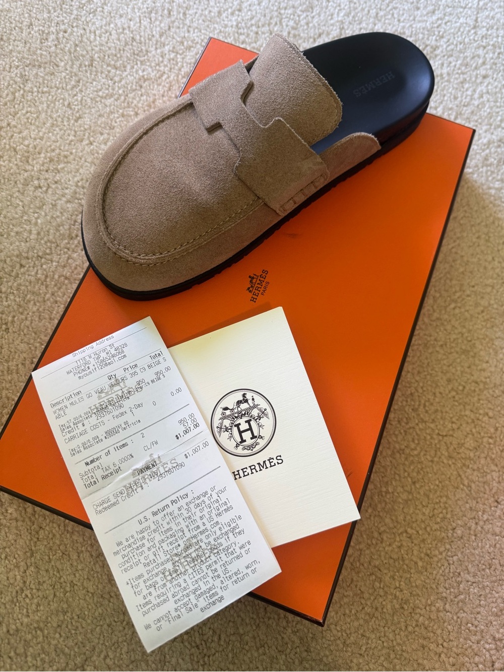 Hermes Taupe Suede Slide Mule with Black Footbed